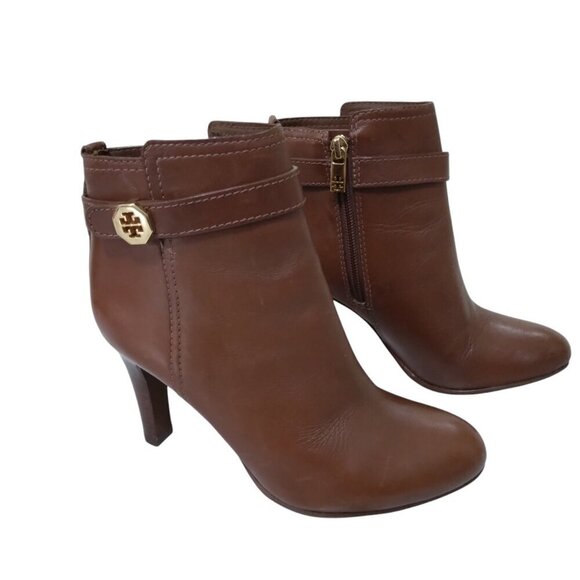 Tory Burch | Bristol Brown Leather Heeled Ankle Booties Boots | Size 5.5M - Picture 1 of 11